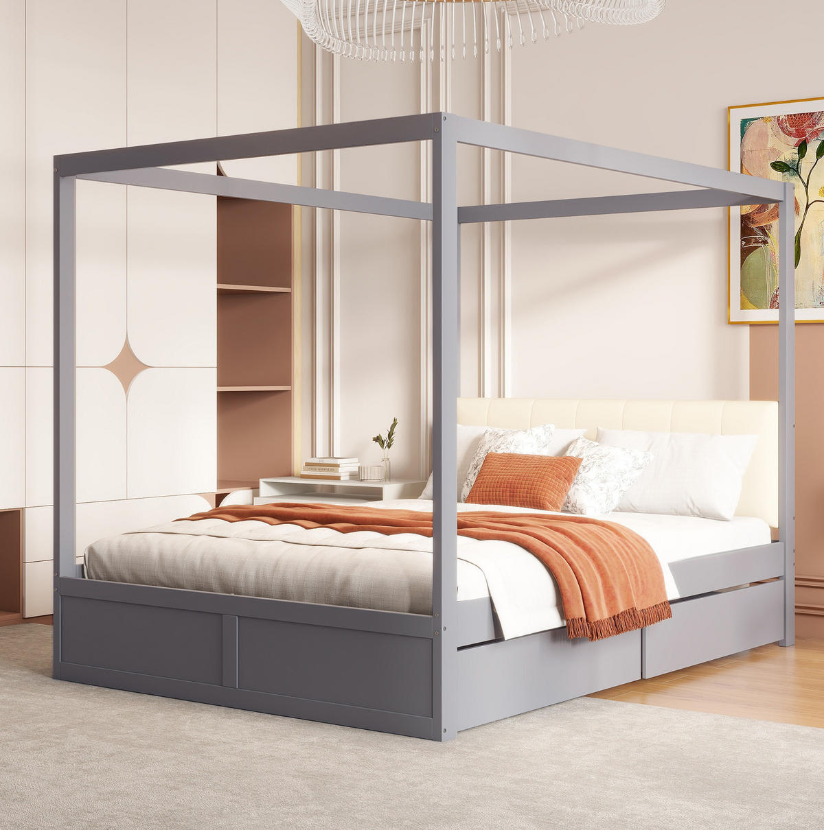 HIMMELBETT 140/200 cm grau mit großen Schubladen und gepolsterter Rückenlehne - Grau, Holz (140/200cm) - OKWISH