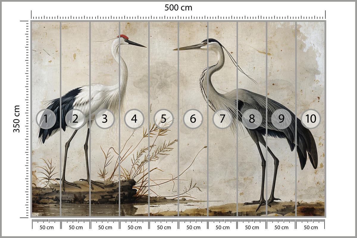FOTOTAPETE Vögel Vögel Kranich Reiher Retro Stil 500x350 - Beige/Rot, Papier (500/350cm) - Muralo