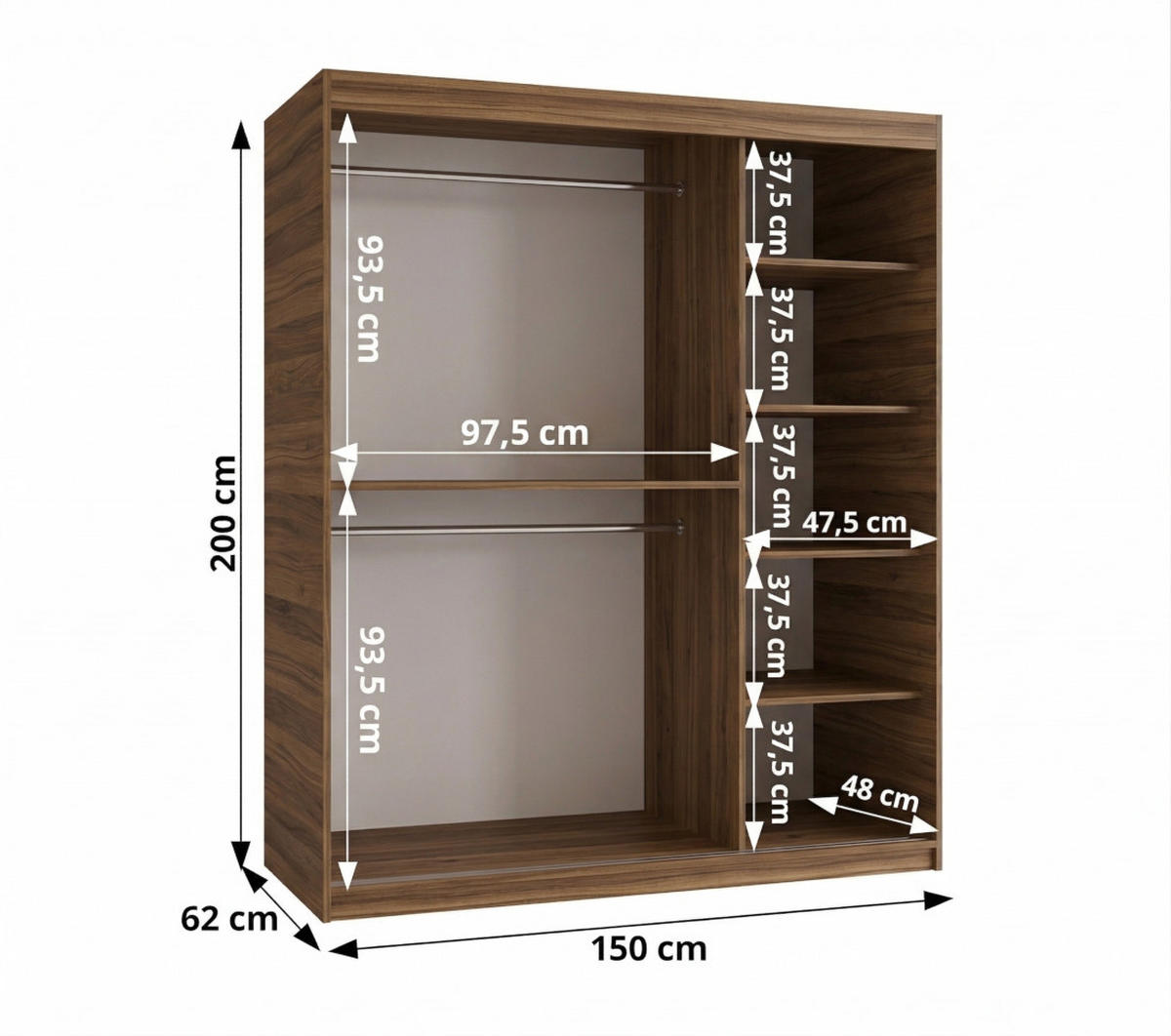 OMARA Z DRSNIMI VRATI, OGLEDALOM IN LETVICAMI 200/150/62 2-vratna - črna/rjava, umetna masa/les (150/200/62cm)