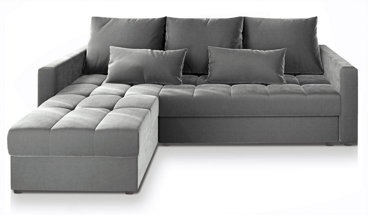 ECKSOFA KOS PIK Hellgrau Plüsch-Stoff mit Schlaffunktion - Hellgrau, Holz (220/140cm) - MASSENO