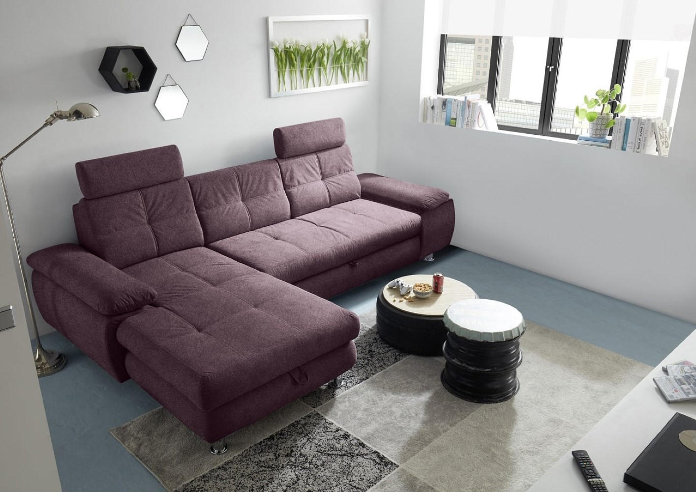 ECKSOFA mit Schlaffunktion und Bettkasten, Brego-Stoff - Chromfarben/Rot, Textil/Metall (274/177cm) - ed exciting design