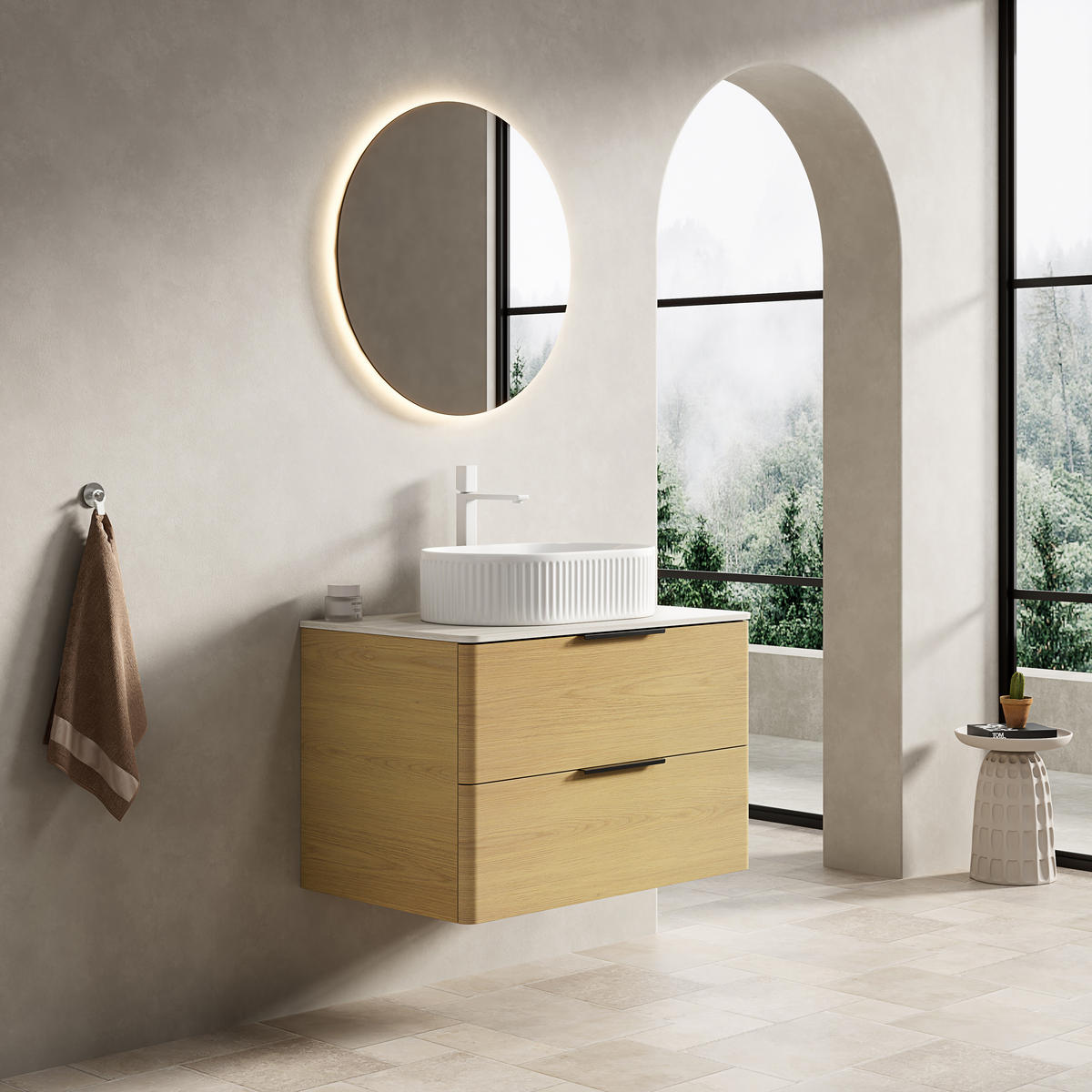 WASCHTISCHUNTERSCHRANK 75x46x62.2cm Beige/Eiche/Weiß mit ovalem Keramikbecken & Travertin-Arbeitsplatte - Eichefarben, Keramik (75/62.2/46cm) - Modfu