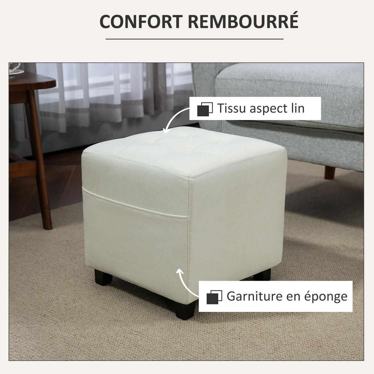 HOCKER DE-16461 mit Seitentasche und Knopfheftung Creme - Creme, Holzwerkstoff (35/35/35cm) - ComfortXL