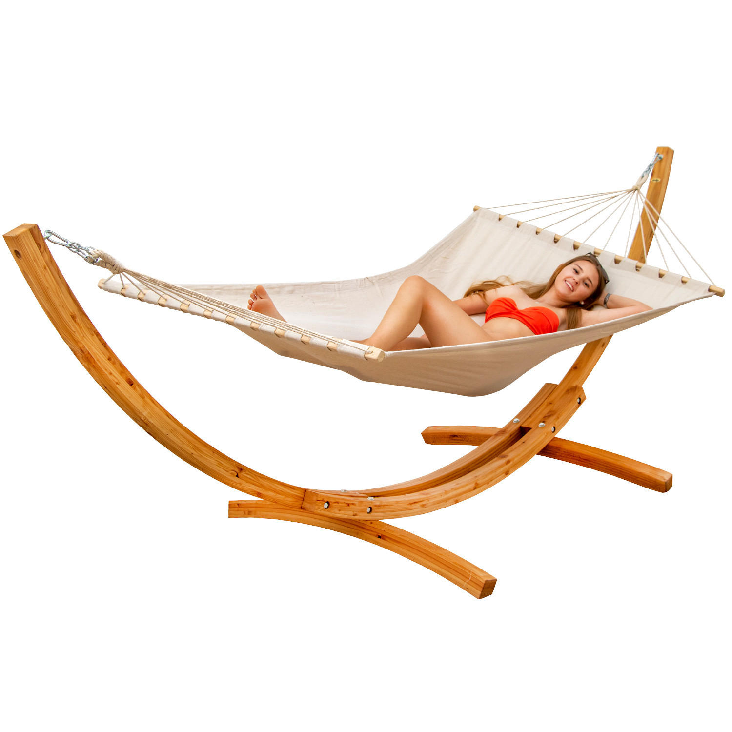 XXL-HÄNGEMATTE mit Holzgestell bis 150kg, 325/120cm, Beige - Beige, Holz (120/2.5/325cm) - Amanka