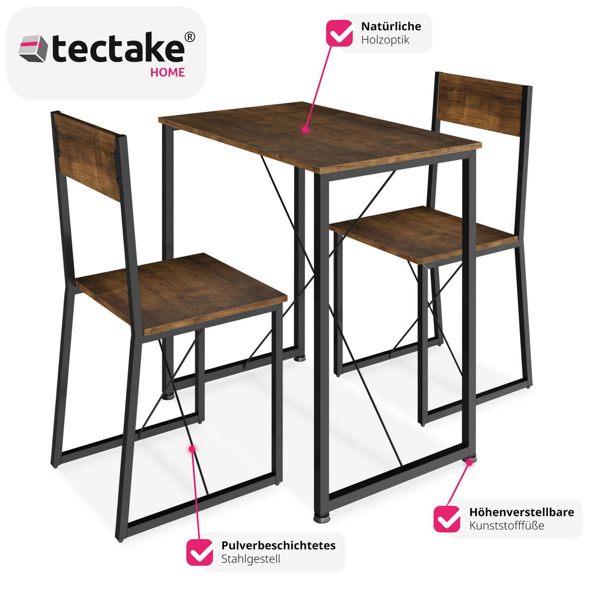 SITZGRUPPE Margate,mit höhenverstellbaren Kunststofffüßen,Industrial Holz dunkel, rustikal - Rostfarben, Holzwerkstoff (80/90/138cm) - tectake
