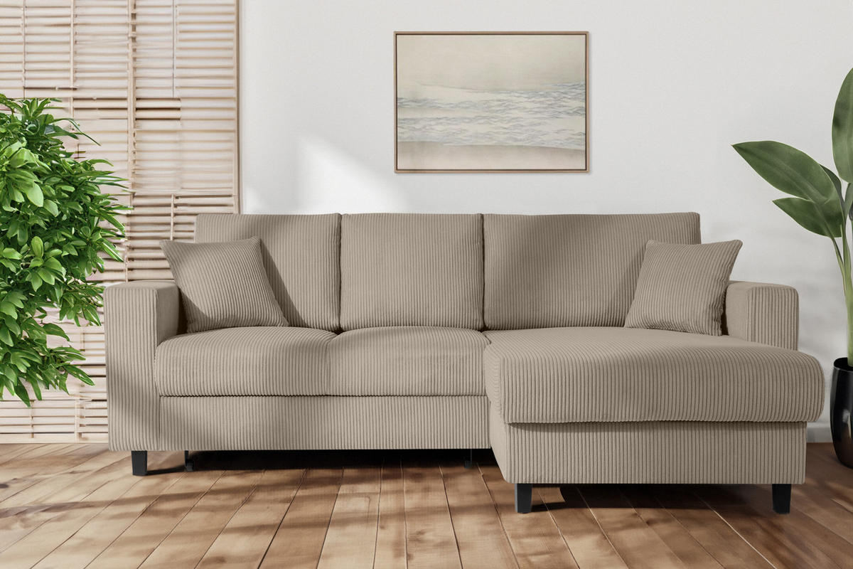ECKSCHLAFSOFA EGRET Rechts mit Bettkasten, Cord-Stoff, beige - Beige, Textil (234/90cm) - KONSIMO®