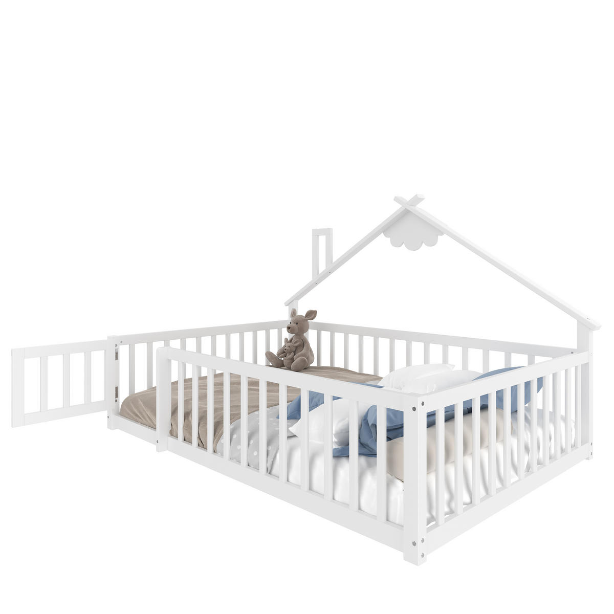 FLACHBETT 140x190cm Weiß Kiefer Kinderbett Hausleiste Geländer - Weiß, Holz (140/190cm) - FLIEKS