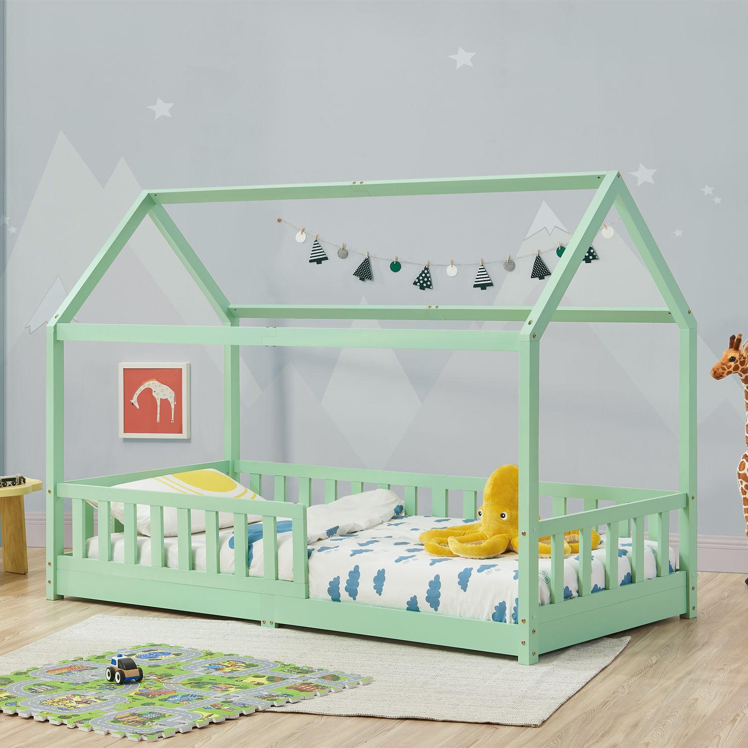 KINDERBETT Marli mit Matratze mint 90x200 cm - Mintgrün, Holz (90/200cm) - Juskys