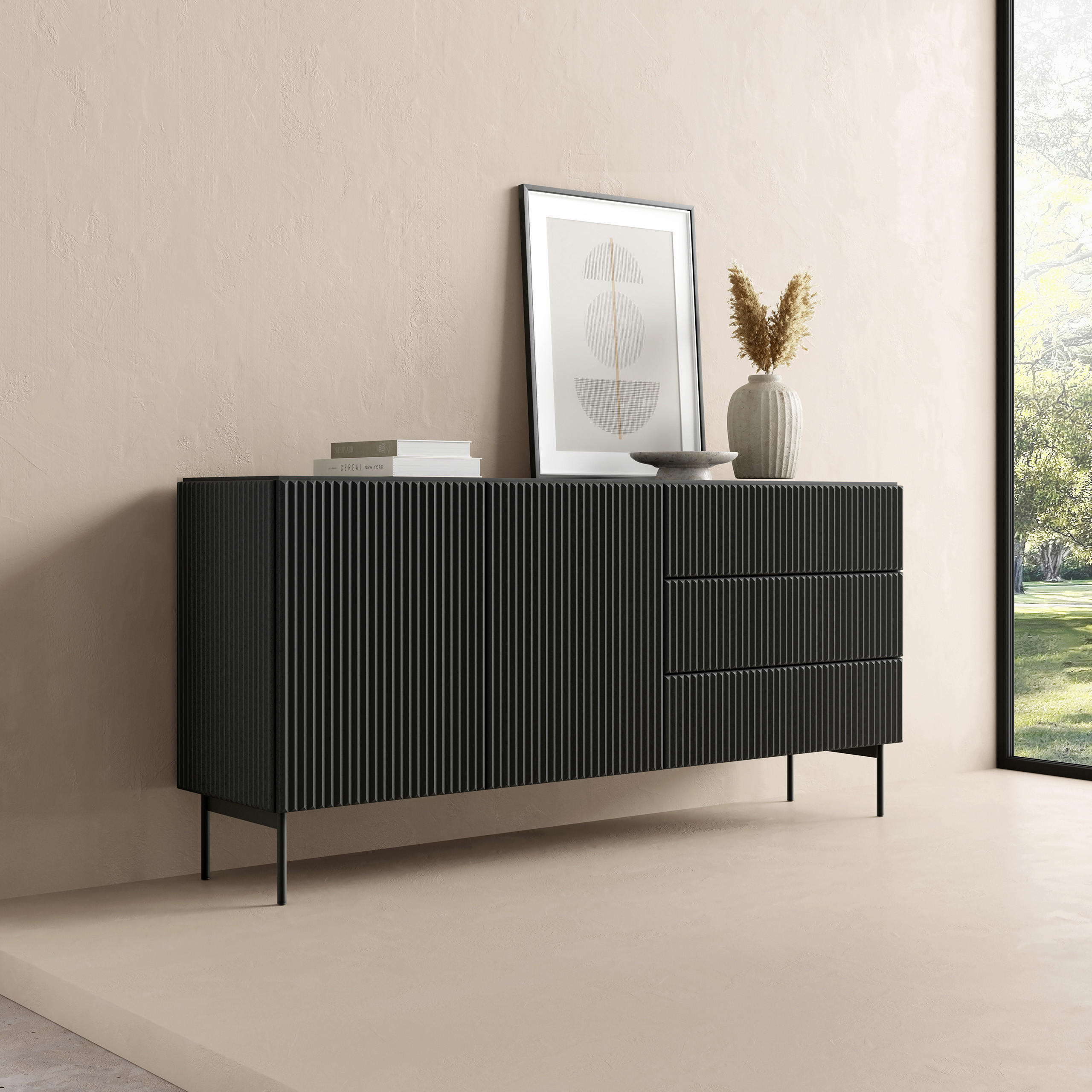 SIDEBOARD TRATTO 177/81,2/39,8cm mit 3 Schubladen 2 Türen Schwarz - Schwarz, Holzwerkstoff (177/81.2/39.8cm) - MASSENO