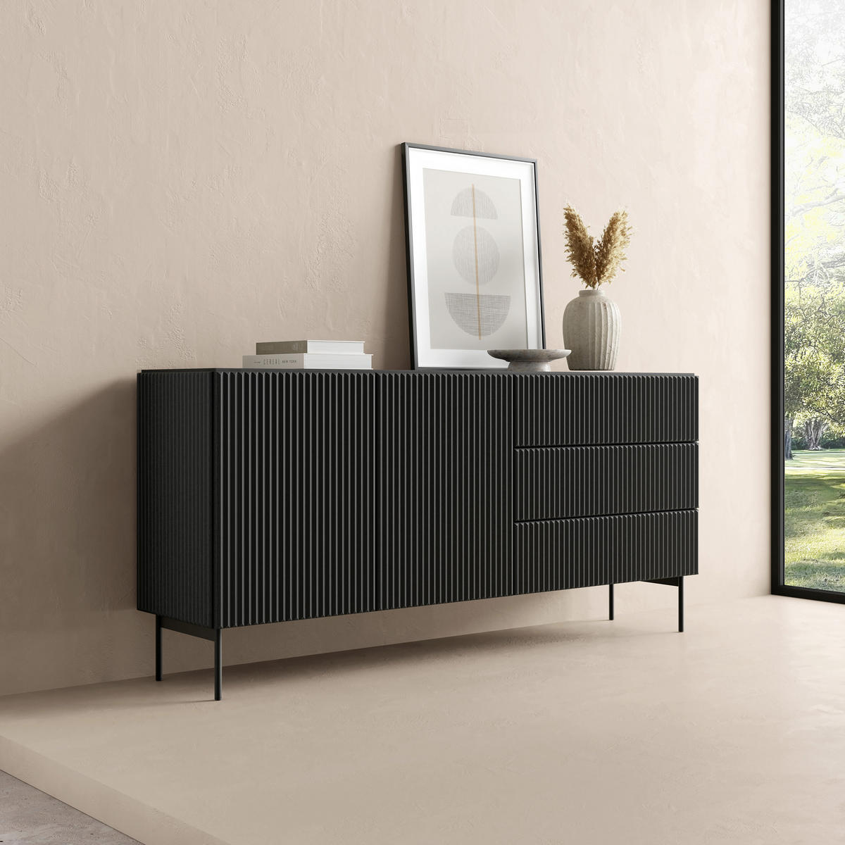 SIDEBOARD TRATTO 177/81,2/39,8cm mit 3 Schubladen 2 Türen Schwarz - Schwarz, Holzwerkstoff (177/81.2/39.8cm) - MASSENO