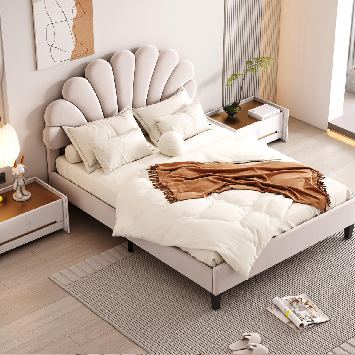 POLSTERBETT aus Samt 140x200 cm Beige mit Lattenrost und blumenförmigem Kopfteil - Beige, Textil (140/200cm) - Modfu