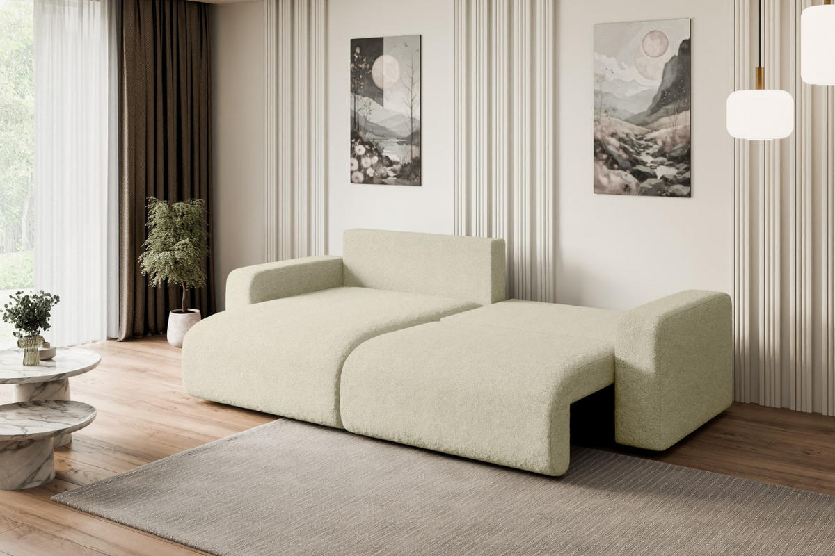 ECKSOFA mit Schlaffunktion und Bettkasten KLEEA-L - 247x143x83 cm Beige Bouclé - Beige/Schwarz, Holzwerkstoff/Kunststoff (247/143cm) - ALTDECOR