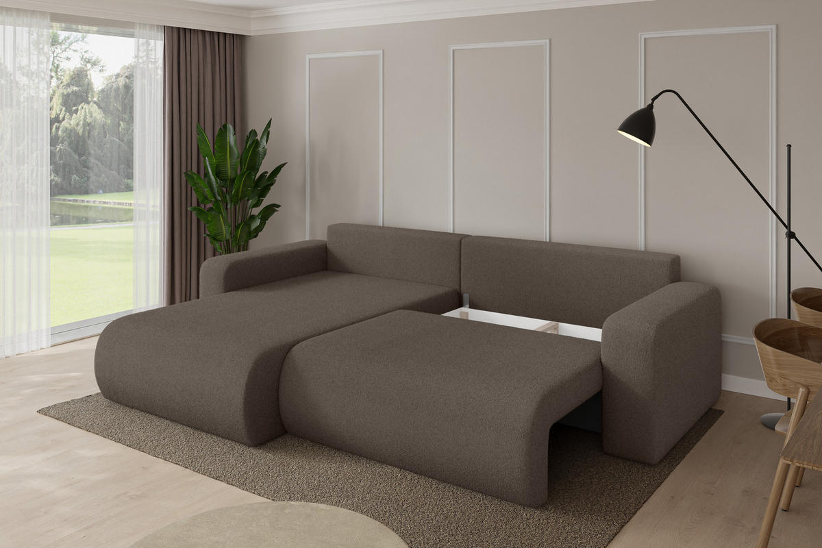 ROHOVÁ SEDAČKA s funkcí spaní, otoman vlevo BERY-L 276x193x88 hnědá bouclé - černá/hnědá, kompozitní dřevo/textil (276/193cm) - ALTDECOR