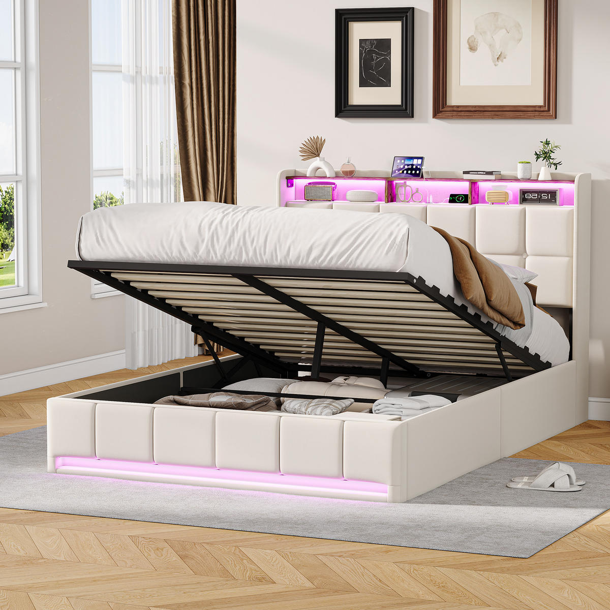 POLSTERBETT 140x200 cm Beige mit LED Beleuchtung, Kopfteil mit Stauraum und USB/Type-C, hydraulisches Stauraumbett - Beige, Metall (140/200cm) - EuroLiving