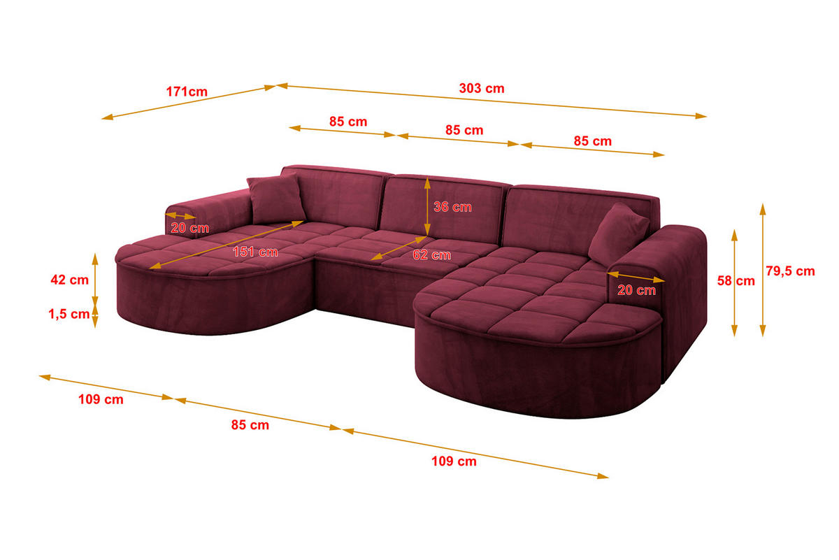 WOHNLANDSCHAFT TARO-U1 - 303x171x79,5 cm Bordeauxrot - Bordeaux, Holzwerkstoff/Textil (303/79.5/171cm) - ALTDECOR