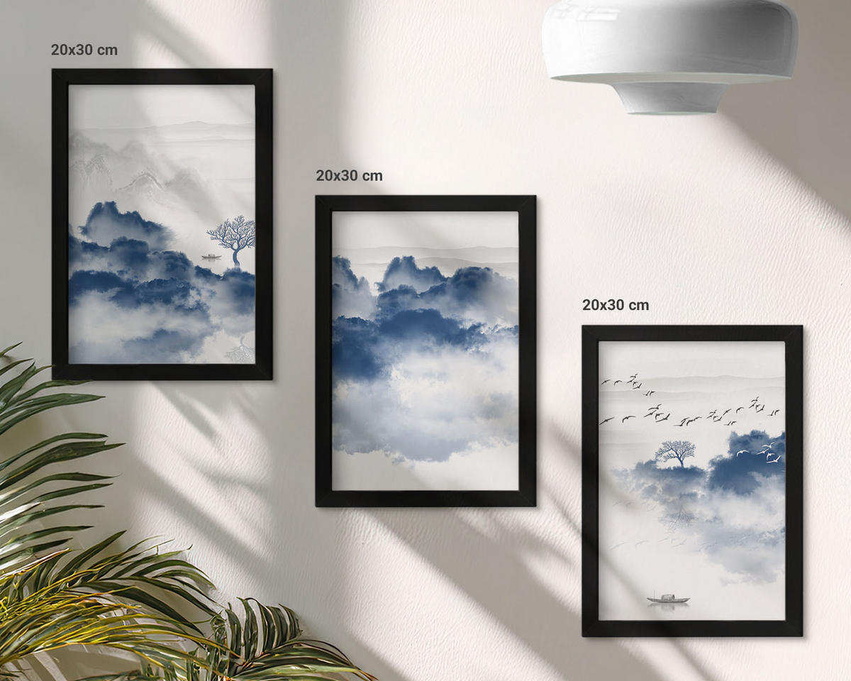 BILDER SET 3er Set - 20x30 cm Schwarzer Rahmen - Berge, Wolken, Bäume, Vögel - Schwarz, Kunststoff (20/30cm) - TULUP