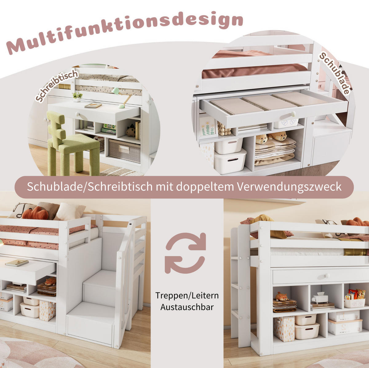 KINDERBETT 90/200 cm Weiß aus Massivholz mit Stauraum und Schreibtischfunktion - Weiß, Holz (90/200cm) - OKMYHOME