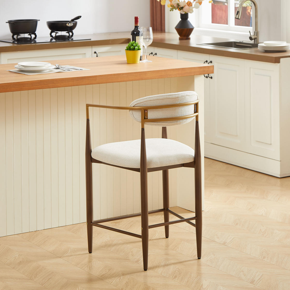 BARHOCKER 2er-Set mit Armlehnen und Stoffkissen, Creme - Beige, Textil (49/102/59cm)