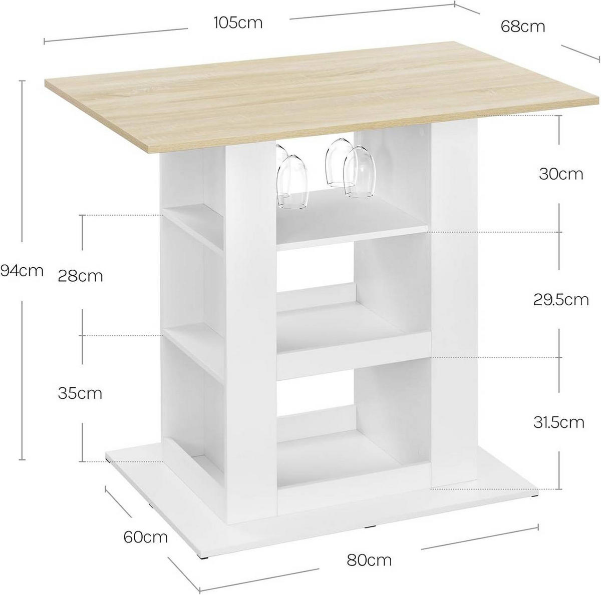 BARTISCH mit Stauraum, seitlichen Ablagen,Hell Eiche+Weiß - Eichefarben, Keramik/Holzwerkstoff (105/94/68cm) - Woltu