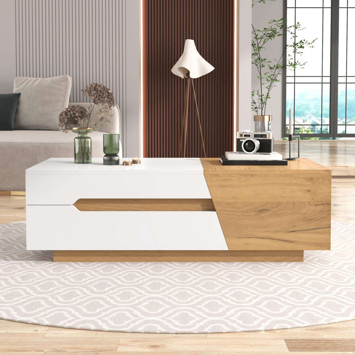 COUCHTISCH aus MDF 120x50x37,5 cm Weiß und Naturholzfarben mit Schiebefunktion und 2 Schubladen - Weiß, Holzwerkstoff (120/50/37.5cm) - IVMEU
