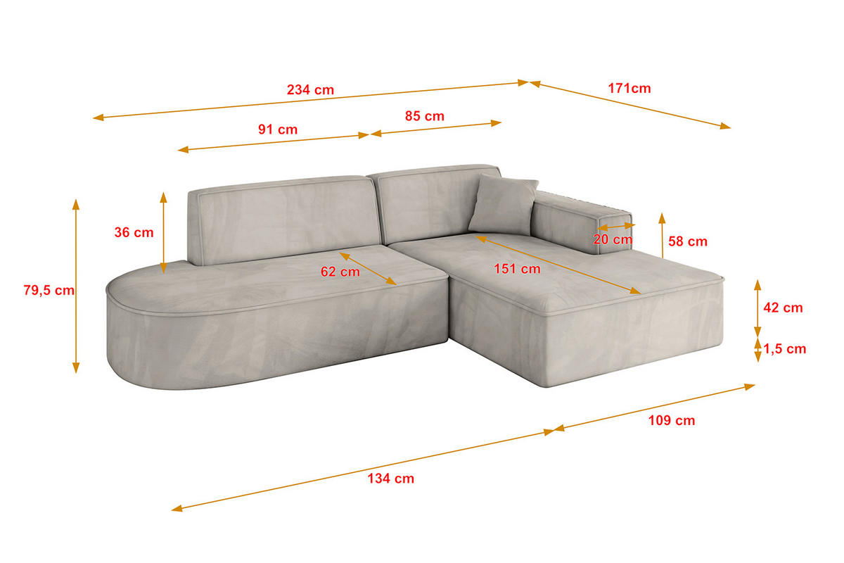 ECKSOFA Ottomane Rechts IREA-L1-v4 - 234x171x79 cm Hellbraun - Hellbraun, Holzwerkstoff/Textil (171/234cm) - ALTDECOR