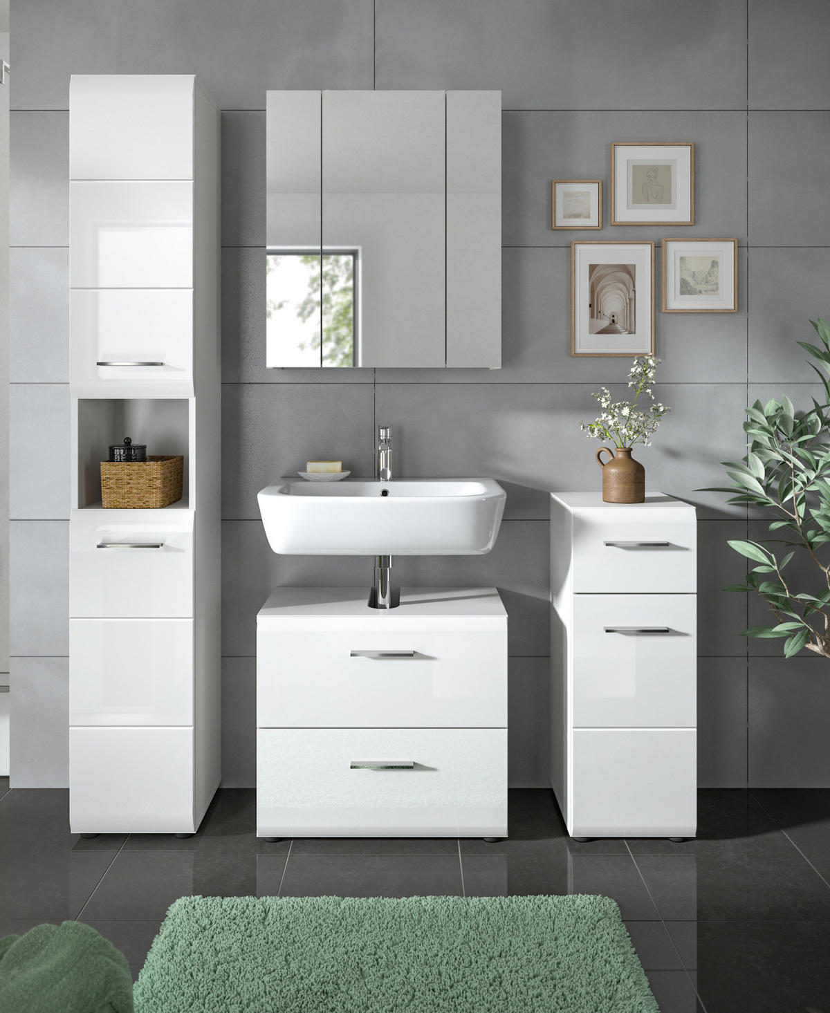 BADMÖBEL-SET 4-teilig in weiß Hochglanz Badkombination 150 x 185 cm Cover - Weiß Hochglanz/Silberfarben, Holzwerkstoff/Kunststoff (150/185/30cm) - Inn.Furn