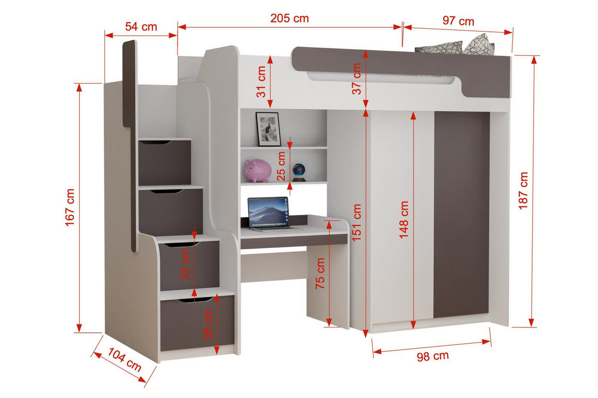 HOCHBETT ARTHUR 90/200 in Weiß/Grau mit Schreibtisch und Kleiderschrank - Weiß/Grau, Holzwerkstoff (90/200cm) - Deine Möbel 24