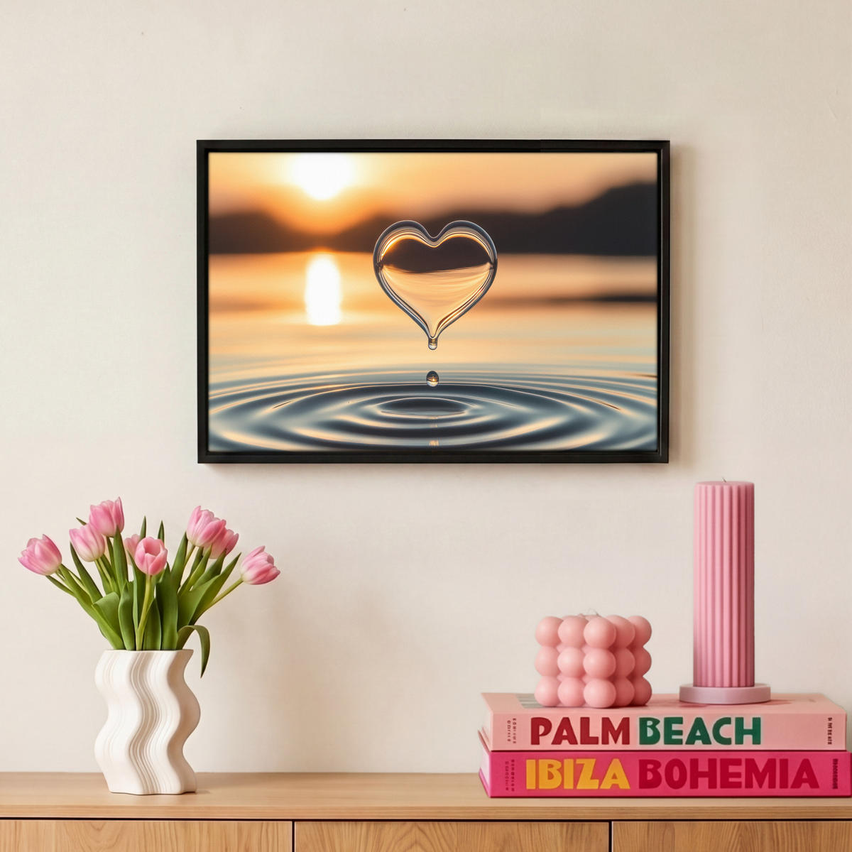 LEINWAND Bilder mit Rahmen - Herz - Wasser - Sonnenuntergang - Natur - Zen - 30x20 - Bernsteinfarben, Textil (30/20cm) - MuchoWow