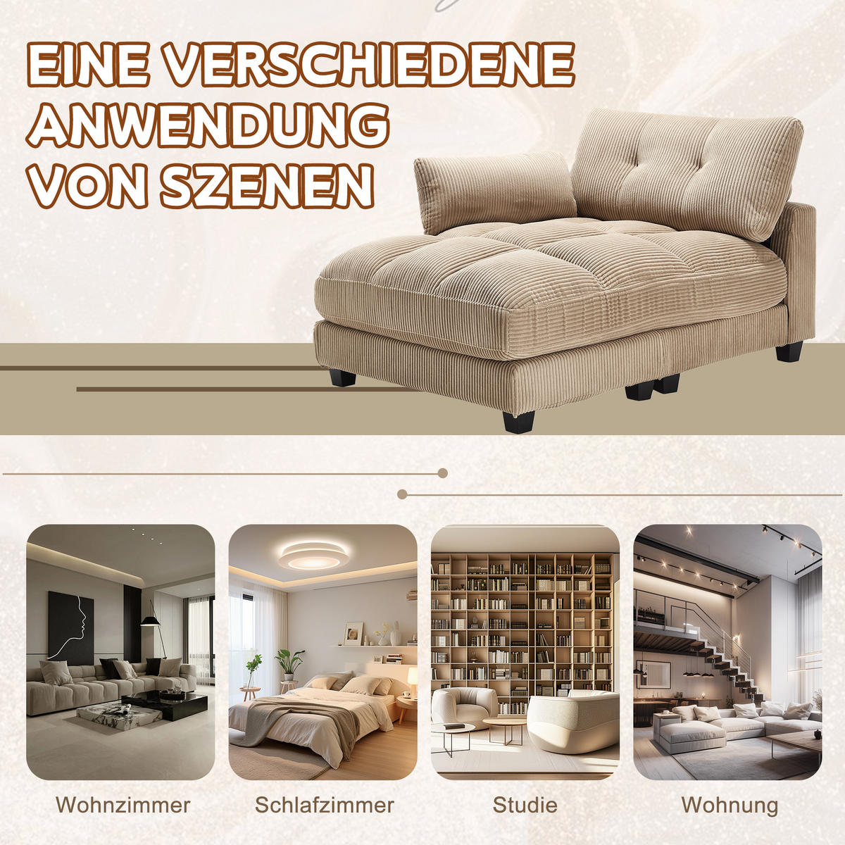 RÉCAMIERE Cord Khaki mit USB, Becherhaltern und Seitentasche - Hellbraun, Holzwerkstoff/Kunststoff (140/81/121cm) - WISHDOR
