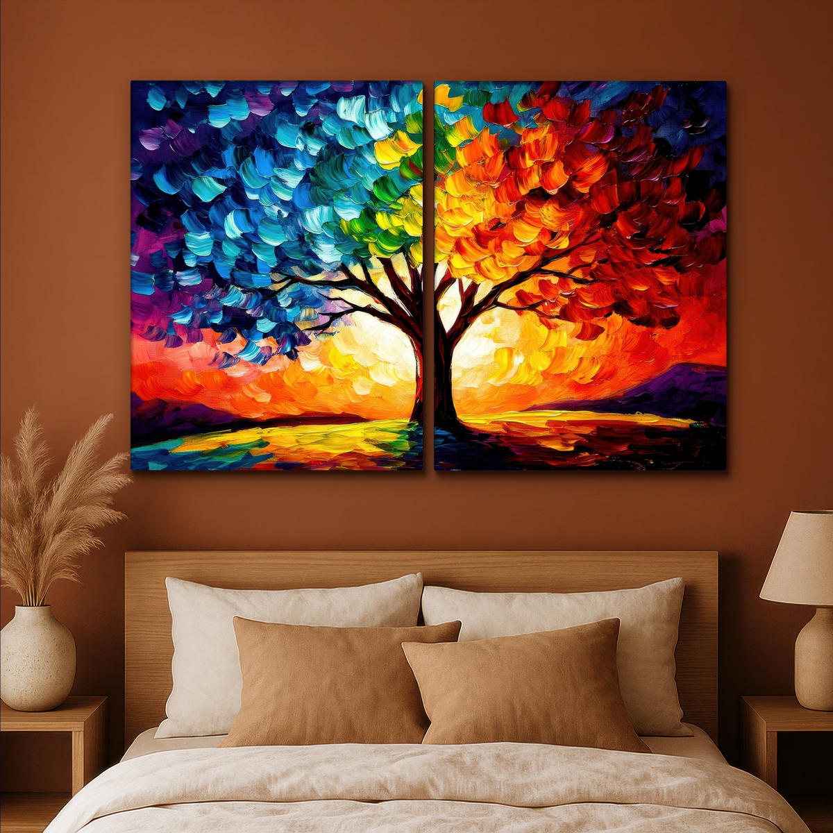 LEINWANDBILD 2er Set Baum - Farbenfroh - Malerei-Look - Abstrakt 180x120 cm - Multicolor, Textil (180/120cm) - MuchoWow