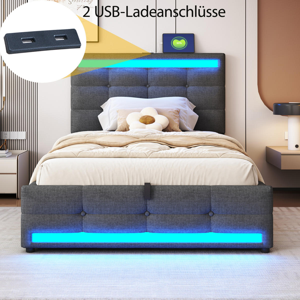 POLSTERBETT 90/200 cm Grau aus Stoff mit LED und USB - Grau, Textil (90/200cm) - OKMYHOME