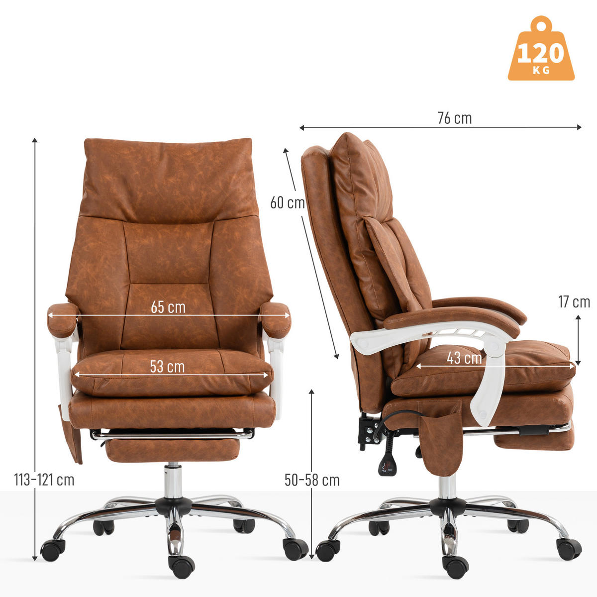 CHEFSESSEL DE-11866 mit verstellbarer Lordosenstütze Braun - Braun, Metall (65/121/76cm) - ComfortXL