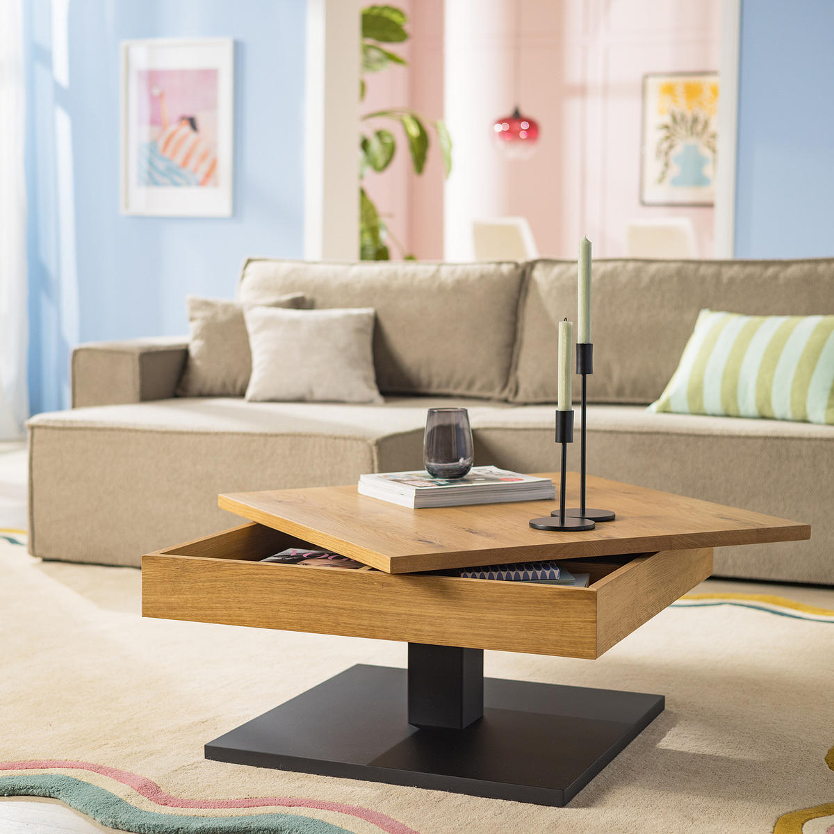 COUCHTISCH mit Stauraum - Eiche Dekor / Schwarz - Eichefarben/Schwarz, Holzwerkstoff/Metall (75/75/38cm) - home24
