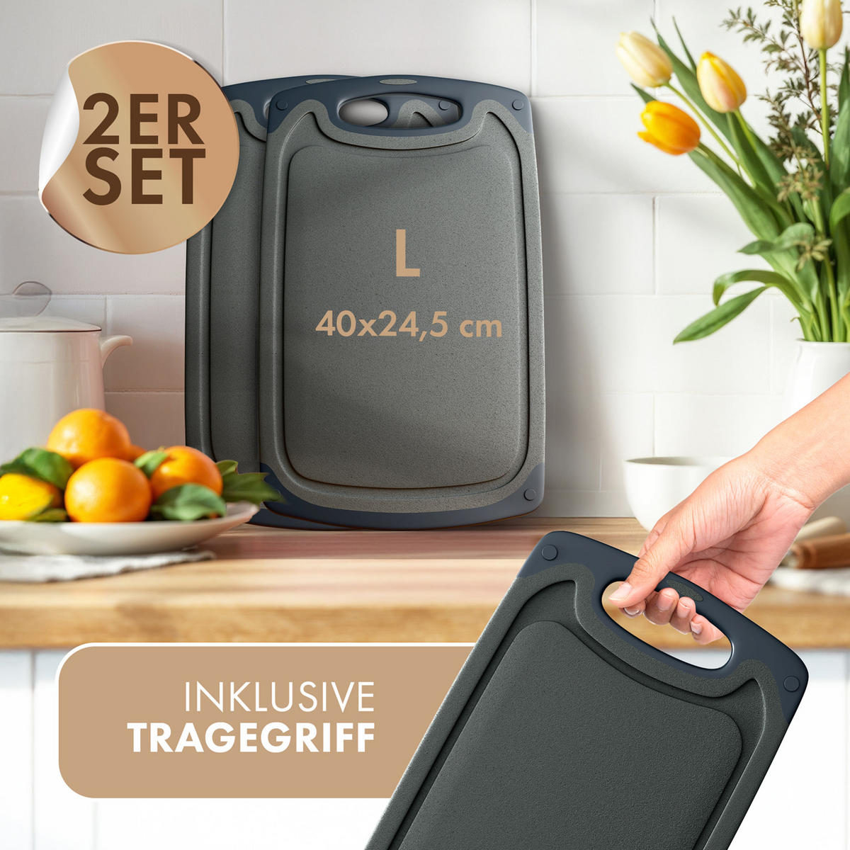 SCHNEIDEBRETT 2er Set Dunkelgrau - Dunkelgrau, Kunststoff (24.5/40cm) - Blumtal