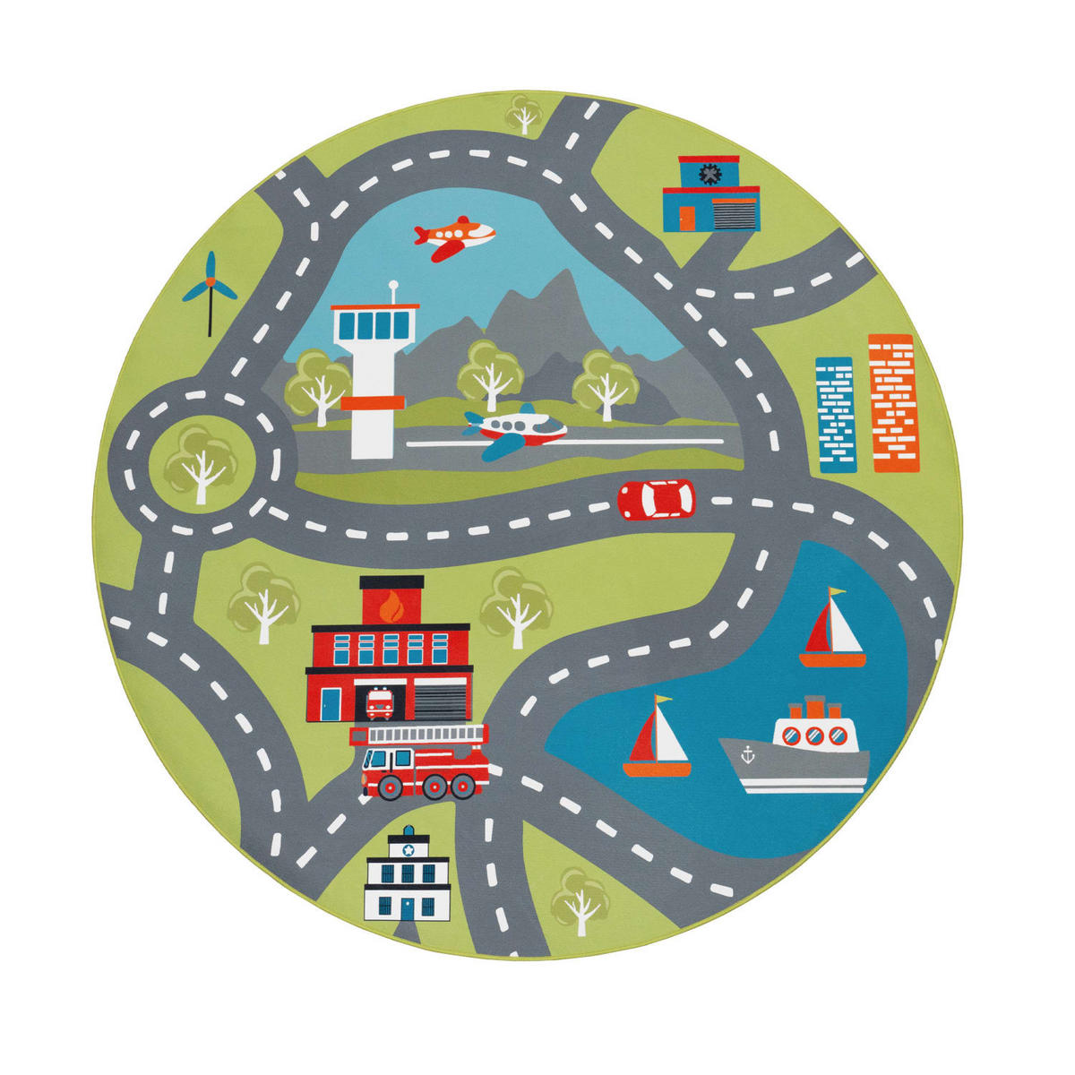 KINDERTEPPICH waschmaschinenwaschbar Verkehrsinfrastruktur‑Muster Kinderzimmer schmutzabweisend Grün Rund 160D - Grün, Textil (160/160cm) - KADIMA DESIGN