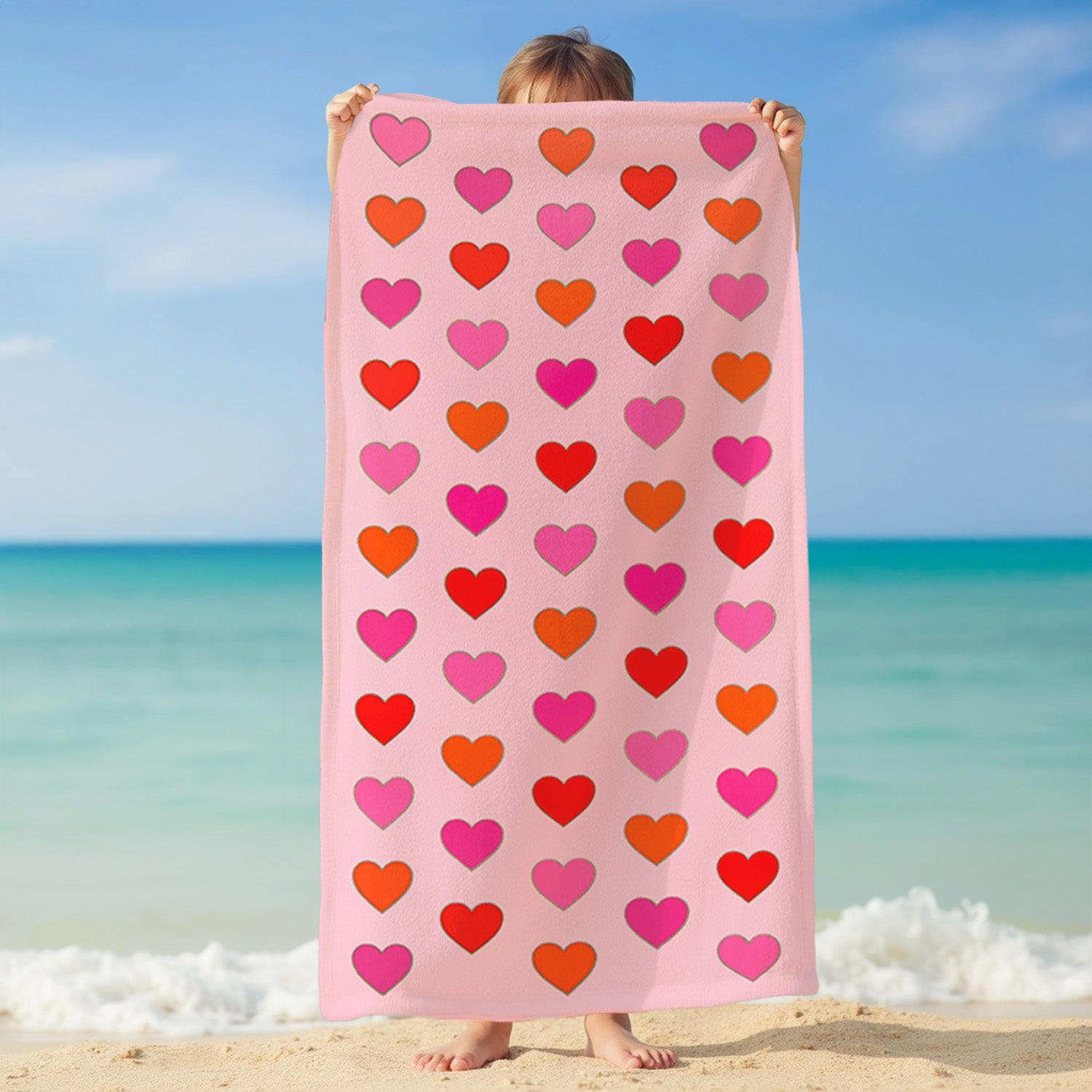STRANDTUCH Kinder Mikrofaser Rosa 70x140 250g/m² - Herzen - Pink, Textil (140/70cm) - LE COMPTOIR DE LA PLAGE
