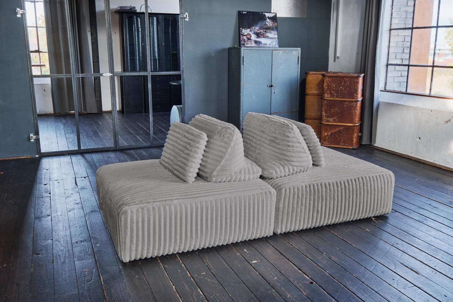 MODULSOFA WIOLO SOFT 2 MODULE 2 KISSEN Grau Cord - Schwarz/Grau, Kunststoff/Textil (222/84/111cm) - KAWOLA
