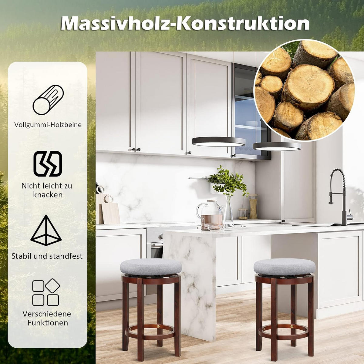 BARHOCKER Gepolstert Grau(2er-Set) - Grau, Holz (42/66/42cm) - COSTWAY