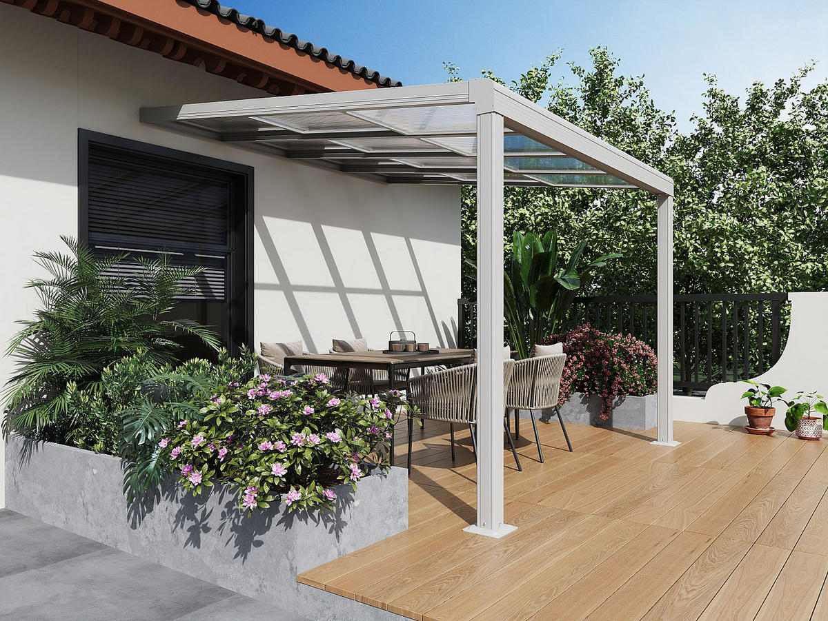 ANLEHNENDE Pergola - 300 cm x 300 cm - plastik - weiß Izeda - Weiß, Kunststoff/Metall (300/200/300cm) - Vente-Unique