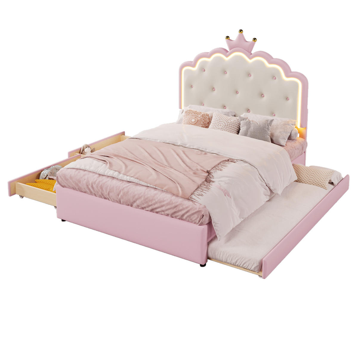 POLSTERBETT 140/200 cm aus PU und MDF mit LED-Beleuchtung, Ausziehbett und 2 Schubladen Rosa - Pink, Kunststoff (140/200cm) - Modenvie