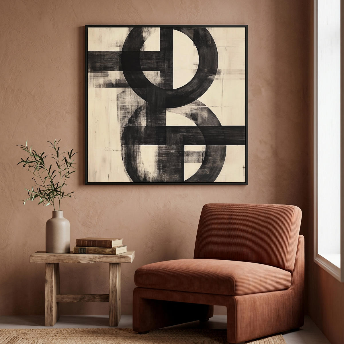 LEINWAND Bilder mit Rahmen - Kreise - Balken - Schwarz - Abstrakt - 90x90 - Schwarz, Textil (90/90cm) - MuchoWow