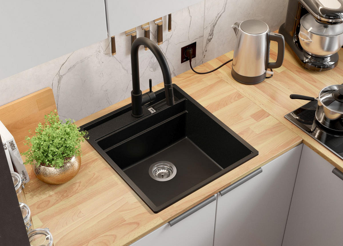 GRANITSPÜLE Oslo Pocket, 2-er set Schwarz 48/53 cm 1 Becken + Küchenarmatur 40/38 cm + Ablauf-Set + Küchenzubehörset ab 50er Unterschrank - Chromfarben/Beige, Kunststoff (48/20/53cm) - Primagran