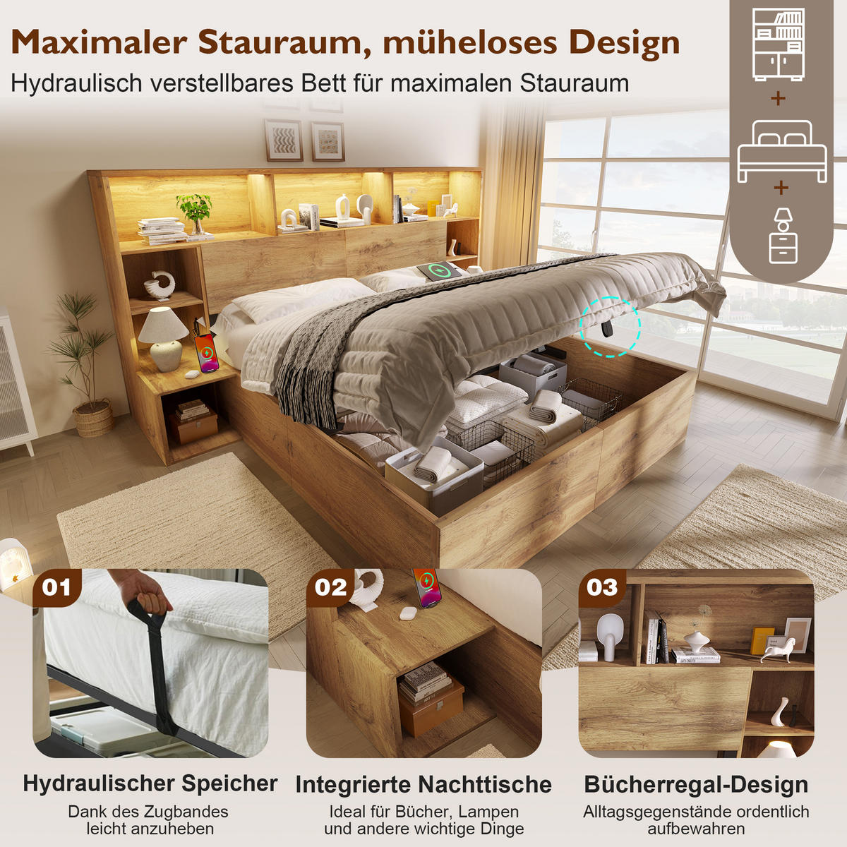 BETT 160/200 cm in Eiche mit Bettkasten, LED, USB und integrierten Nachttischen Holzoptik - Eichefarben, Holzwerkstoff/Metall (160/200cm) - STILVORA