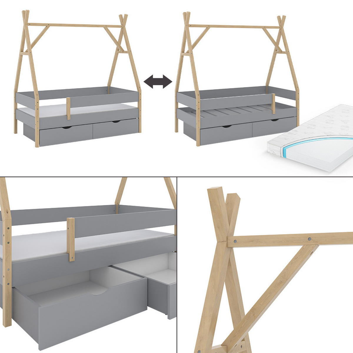 TIPI-BETT Bali Grau 80x160 cm mit 2 Schubladen und Matratze - Grau, Holz - VitaliSpa