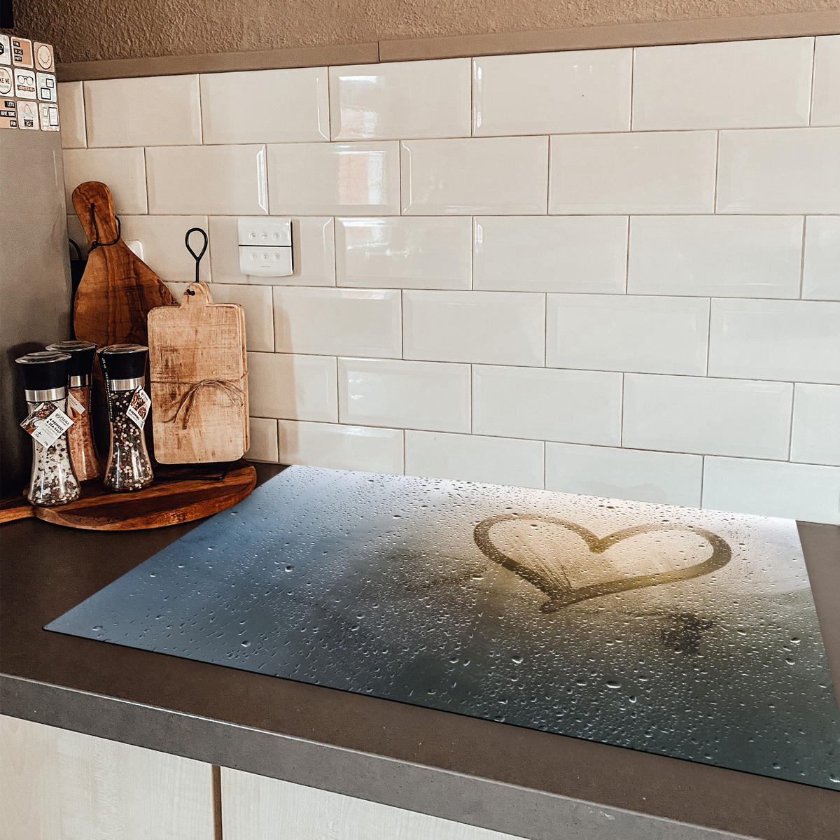 HERDABDECKPLATTE Herz - Kondenswasser - Wasser - 3D Ceranfeldabdeckung 78x52 cm - Grau, Kunststoff (78/52/0.2cm) - MuchoWow