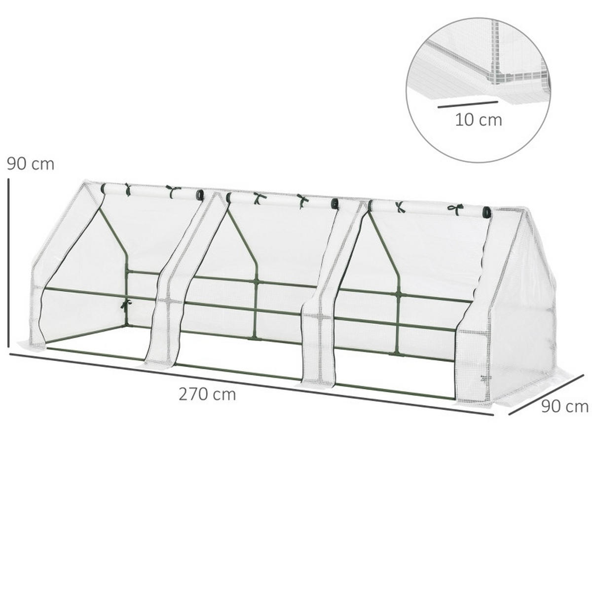 GEWÄCHSHAUS 270/90/90 cm in Weiß mit 3 Rollfenstern und PE-Folie - Weiß, Metall (90/90/270cm) - Flora Grace