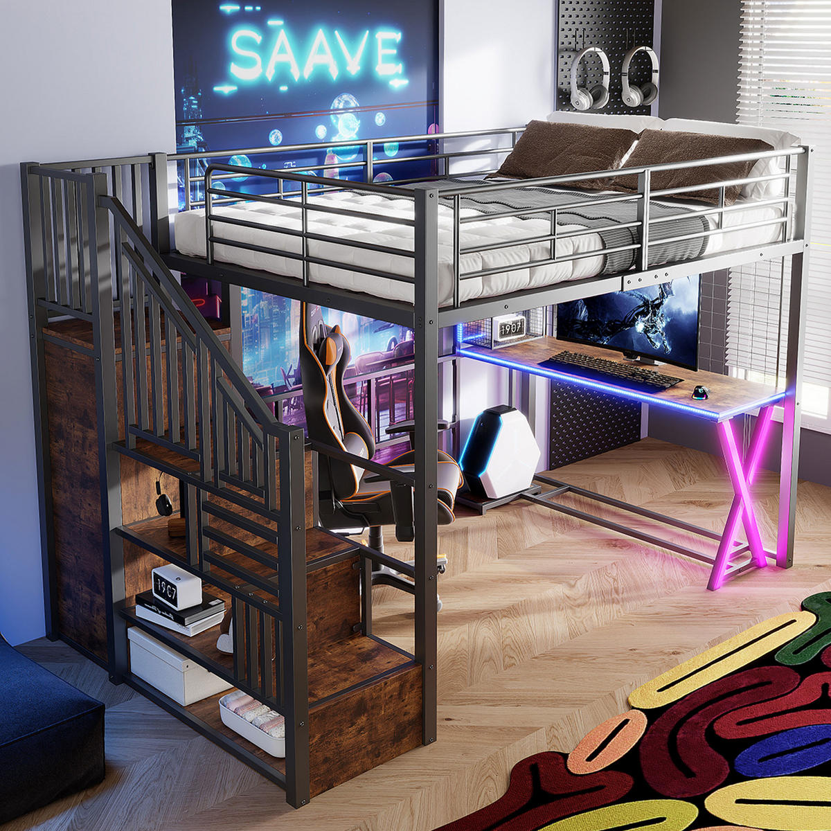 HOCHBETT 140/200 cm in Schwarz mit Ablageleiter, Schreibtisch, Kleiderschrank, Regalen und LED - Schwarz, Holzwerkstoff/Metall (140/200cm) - STILVORA