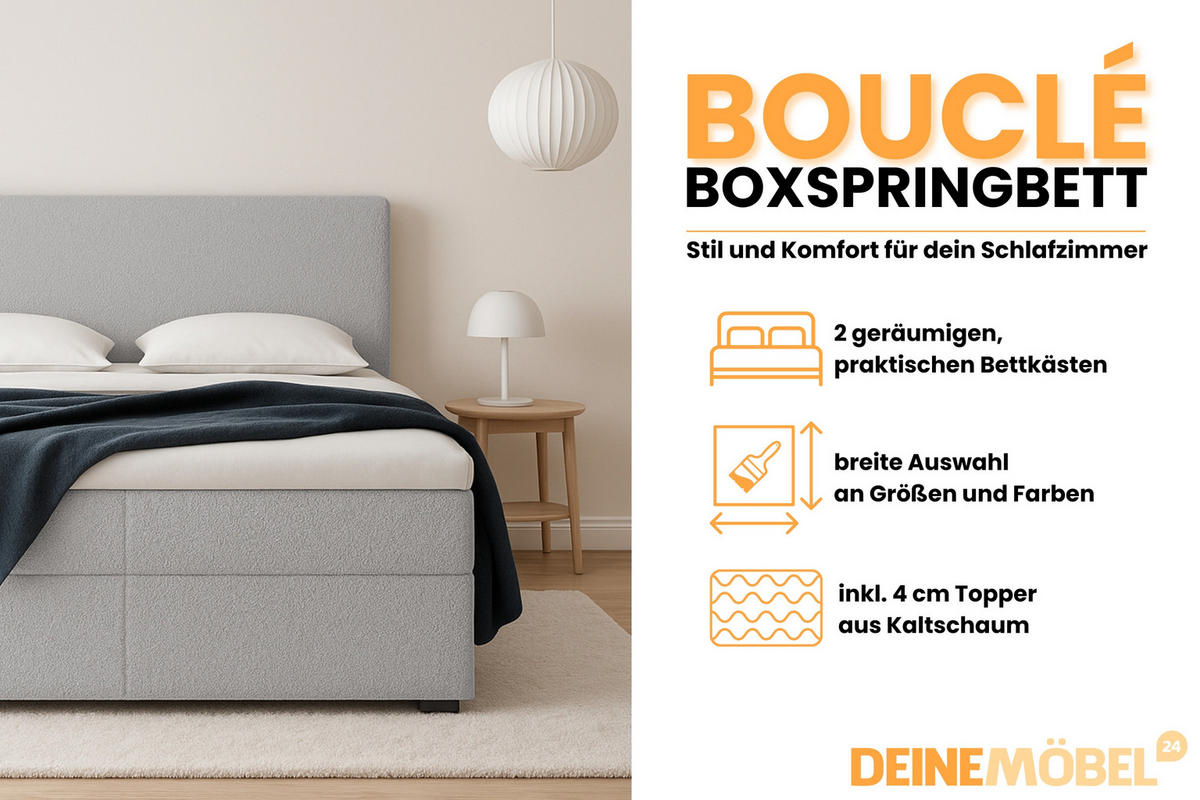 BOXBETT BOUCLE 160/200 in Boucle Hellgrau H3 - Hellgrau, Holz/Holzwerkstoff (160/200cm) - Deine Möbel 24