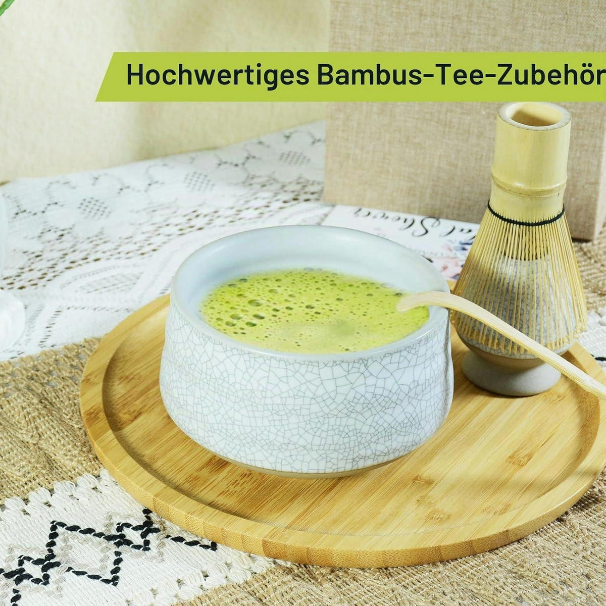 MATCHA Set 4-teiliges Set mit Besen, Löffel und Schale - Weiß, Keramik (14/12/18.5cm)