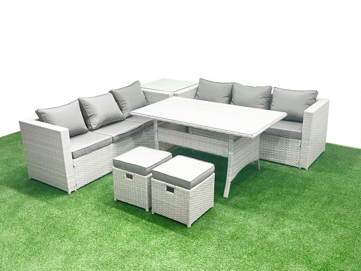 GARTENMÖBEL SET mit Esstisch,2 Hockern,Beistelltisch Polyrattan Hellgrau 8-Sitzer - Hellgrau/Grau, Glas/Kunststoff - Fimous